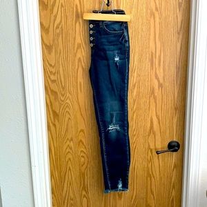 Kancan high waisted button fly, raw hem skinnies